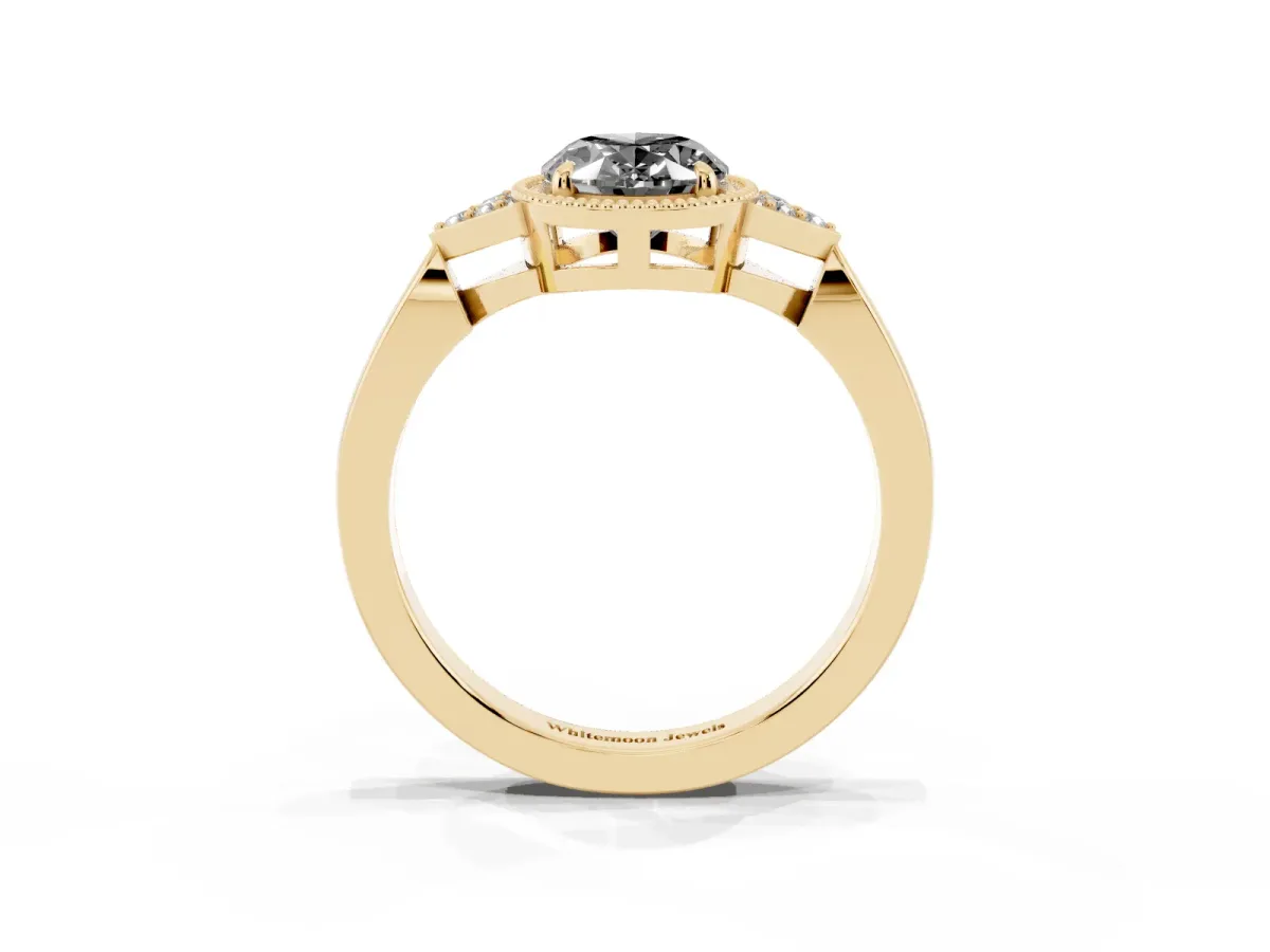 Fancy Black Hexagonal Halo Oval Cut Diamond Solitaire with Pavé Band and Four-Prong Setting Yellow gold