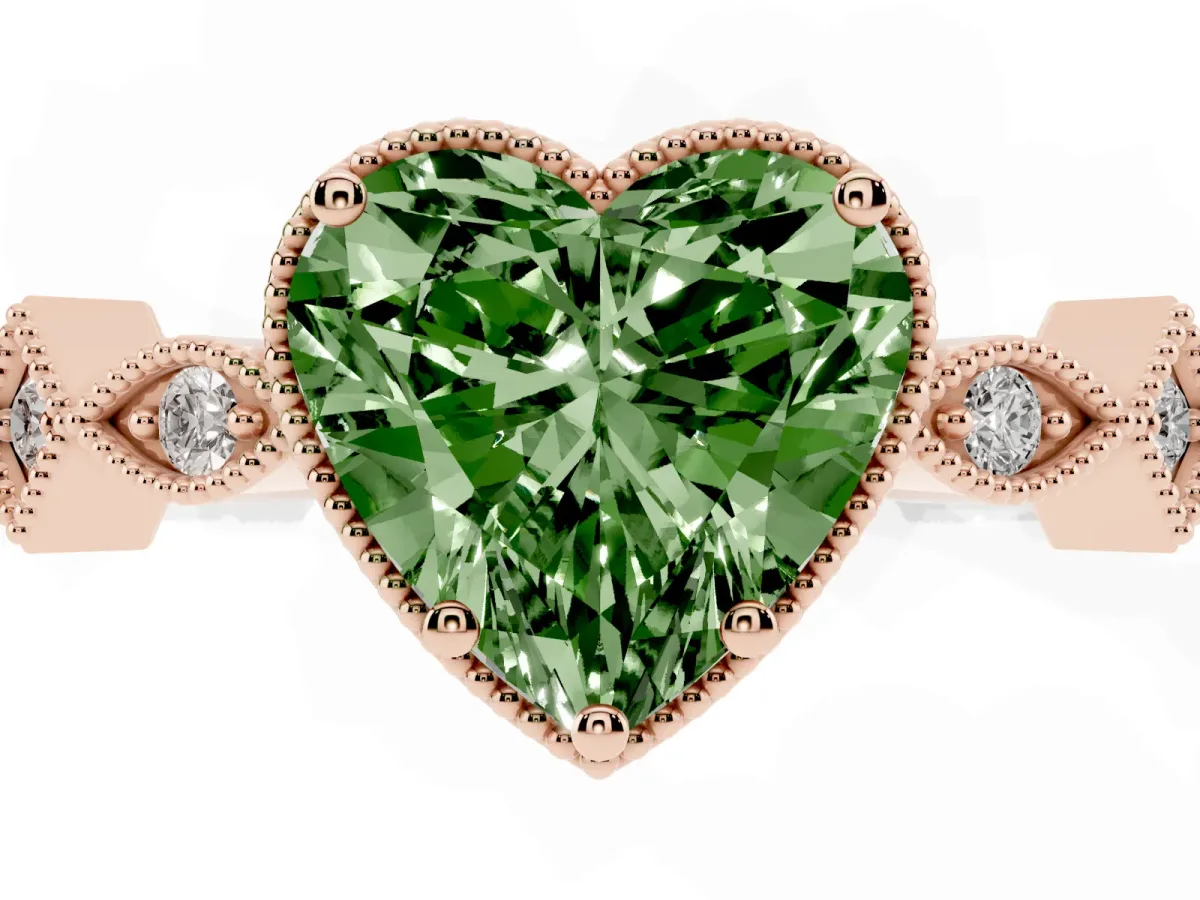 Fancy Green Heart Cut Milgrain Marquise Diamond Twist Band Ring Rose gold