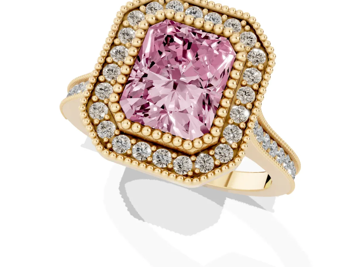Fancy Pink Radiant Cut Diamond Halo Ring with Milgrain Frame and Pavé Band Yellow gold
