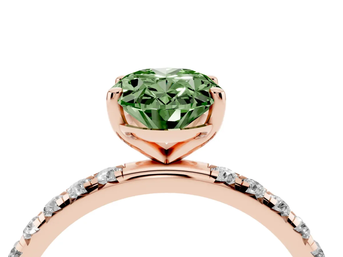 Fancy Green Oval Cut Cut Diamond Solitaire Ring with Micro Pave Band and Four Prong Setting Rose gold