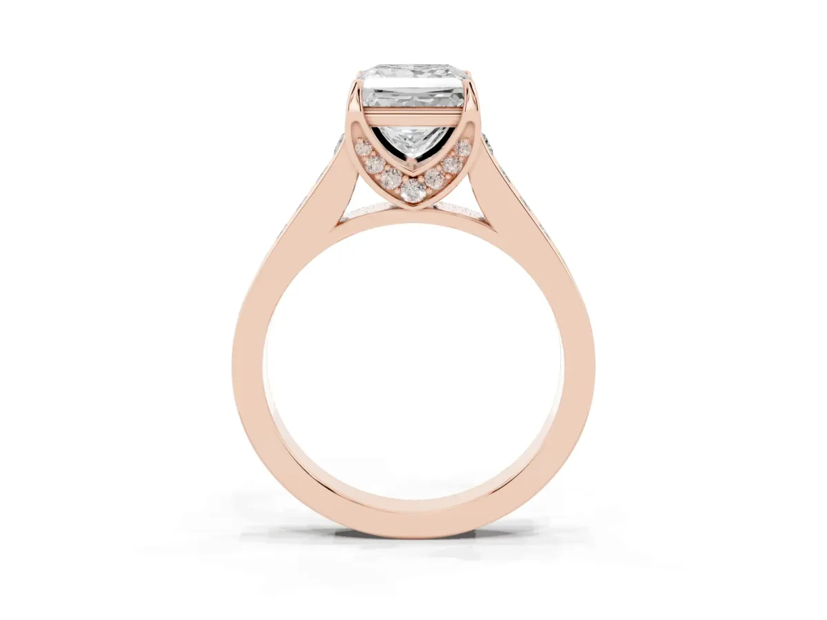 Princess Cut Brilliant Cut Diamond Engagement Ring with Pavé Band and Four-Prong Setting Rose gold
