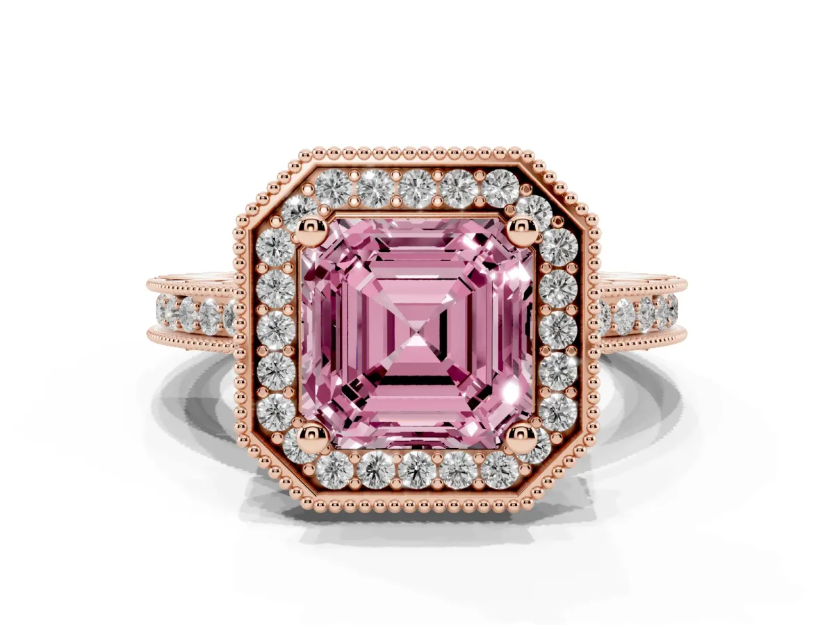 Fancy Pink Asscher Cut Diamond Milgrain Halo Engagement Ring with Round Pavé Band and Prong Setting Rose gold