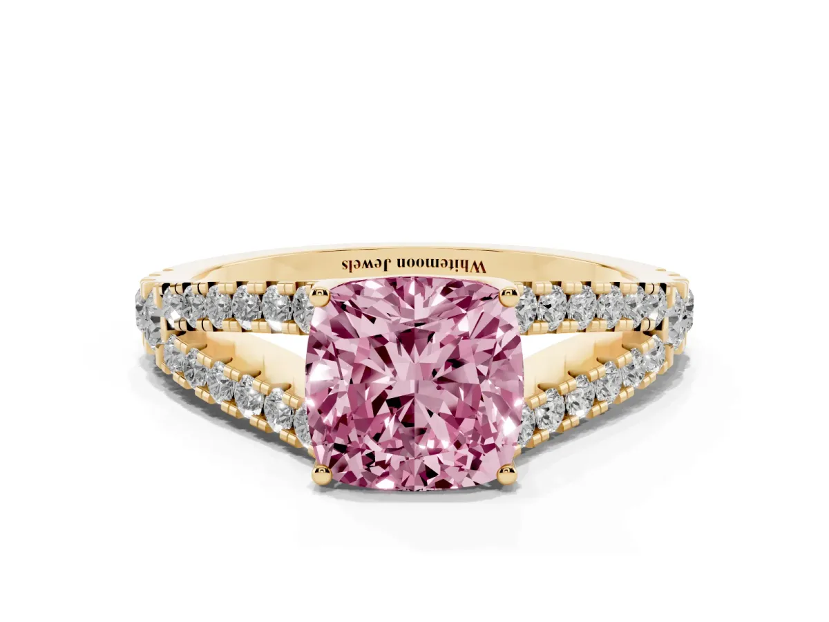 Fancy Pink Cushion Cut Diamond Split Shank Pavé Engagement Ring with Four-Prong Setting Yellow gold