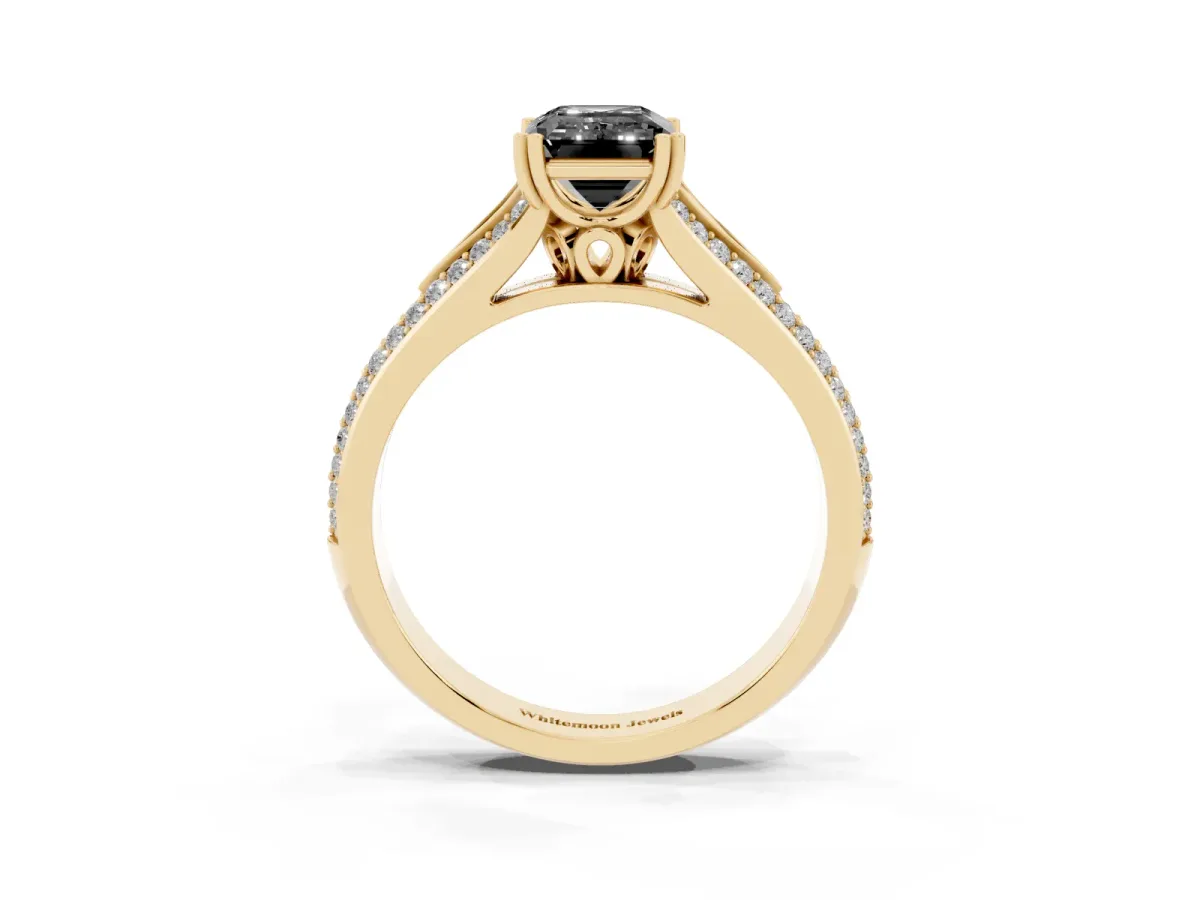 Fancy Black Emerald Cut Diamond Split Shank Engagement Ring with Pavé Band Yellow gold