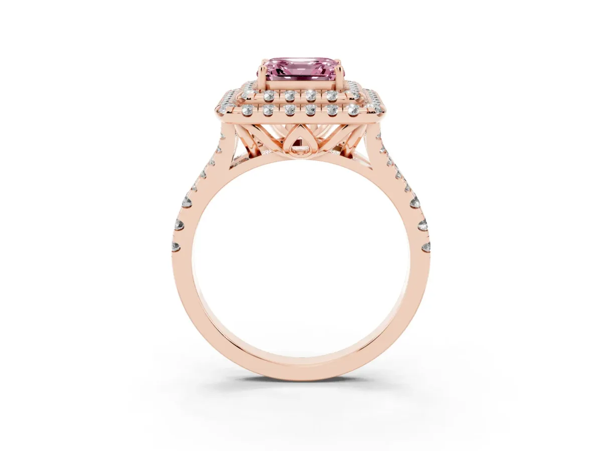 Fancy Pink Double Halo Asscher Cut Diamond Pavé Split Shank Ring with Prong Setting Rose gold