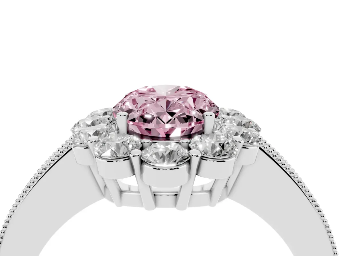 Fancy Pink Oval Cut Cut Halo Diamond Pavé Engagement Ring with Milgrain Detailing Platinum