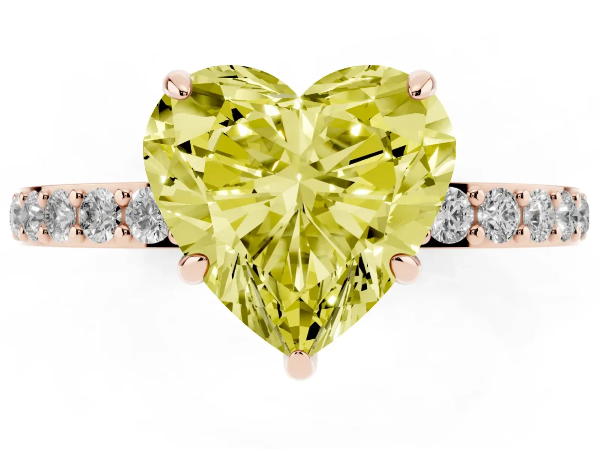Fancy Yellow Heart Cut Diamond Pavé Engagement Ring with Round Accents and Prong Setting Rose gold