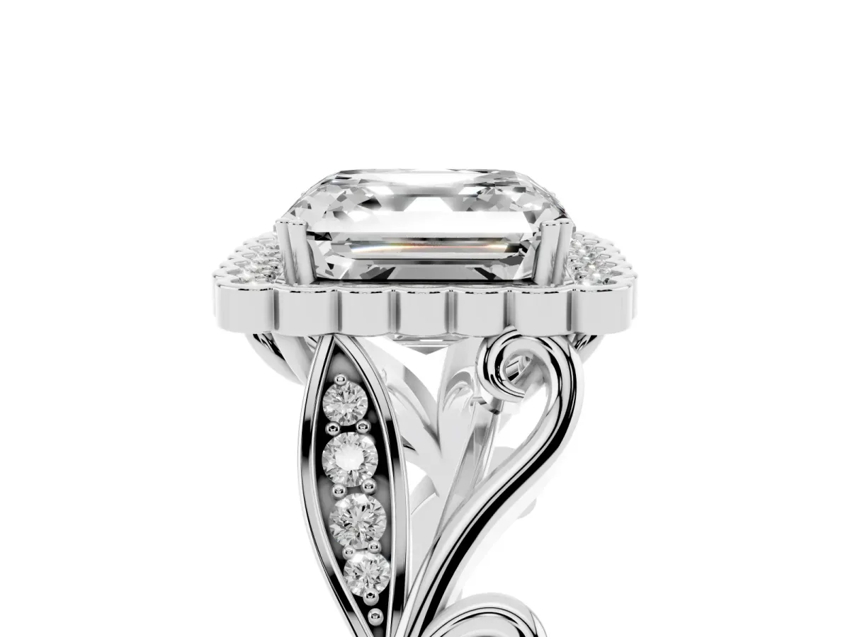 Asscher Cut Diamond Halo Ring with Vintage Split Shank and Four-Prong Setting Silver