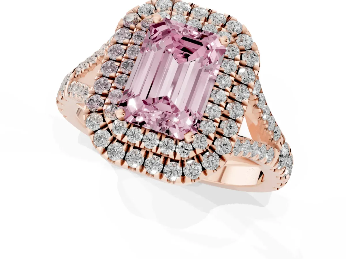 Fancy Pink Emerald Cut Diamond Pavé Split Shank Double Halo Engagement Ring Rose gold