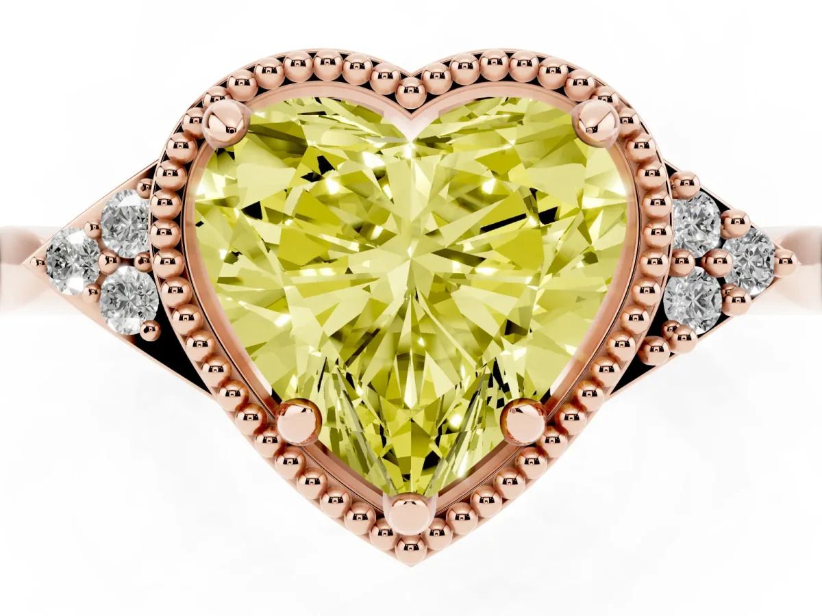 Fancy Yellow Hexagonal Halo Heart Cut Diamond Solitaire with Pavé Band and Four-Prong Setting Rose gold