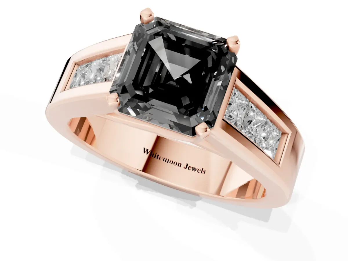 Fancy Black Asscher Cut Cut Channel Set Solitaire Ring with Four-Prong Setting Rose gold