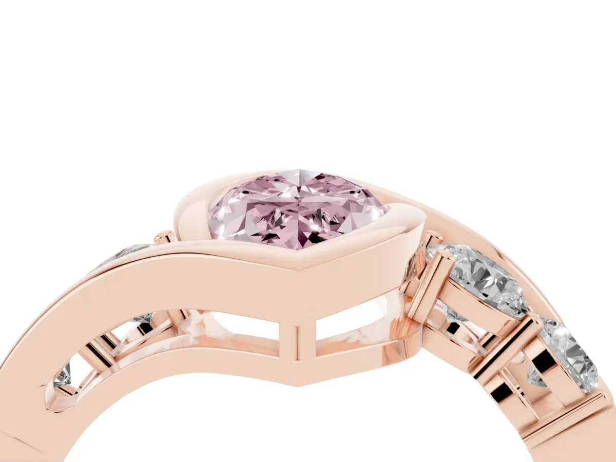 Fancy Pink Bezel Set Marquise Cut Diamond Bypass Ring with Round Accents Rose gold