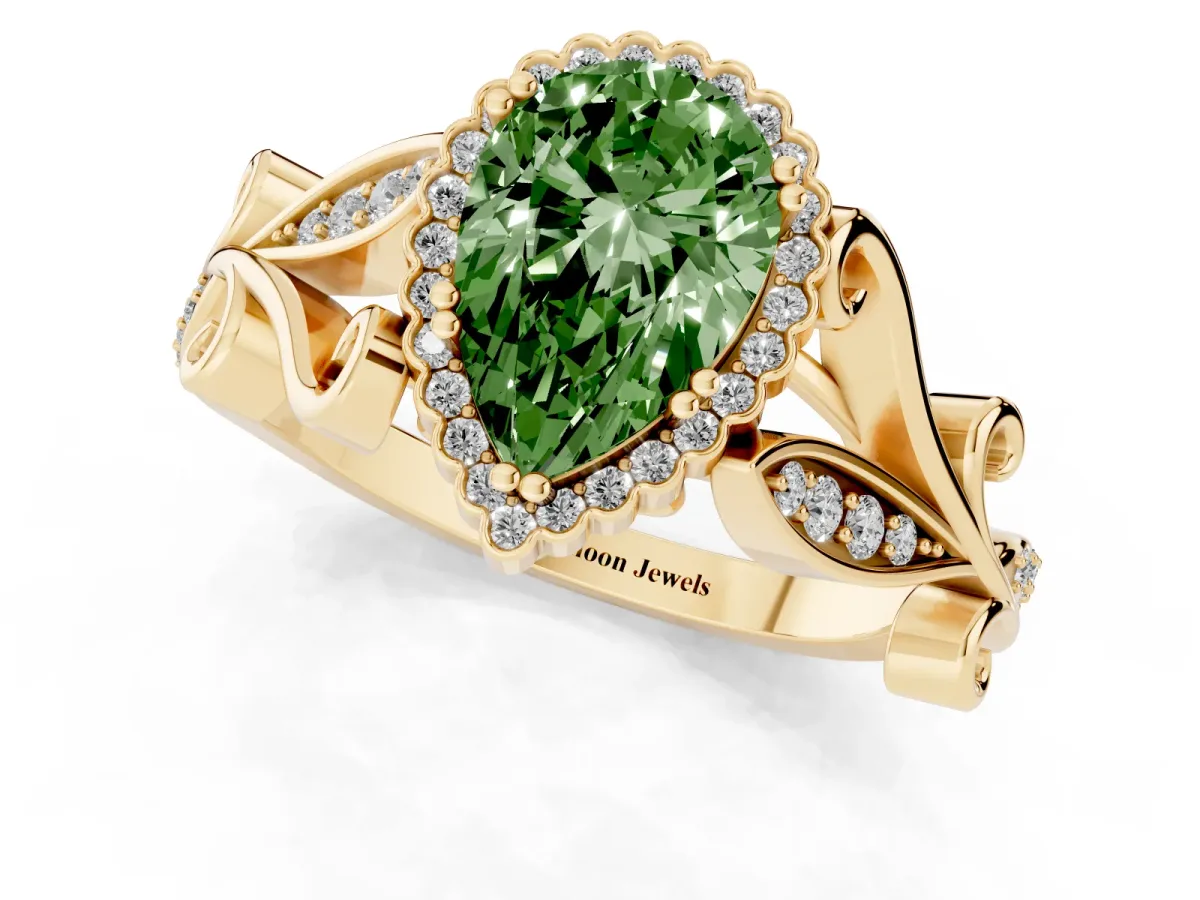 Fancy Green Pear Cut Diamond Halo Ring with Vintage Split Shank and Four-Prong Setting Yellow gold