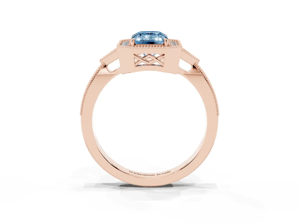 Fancy Blue Emerald Cut Halo Round Diamond Milgrain Pave Engagement Ring Rose gold