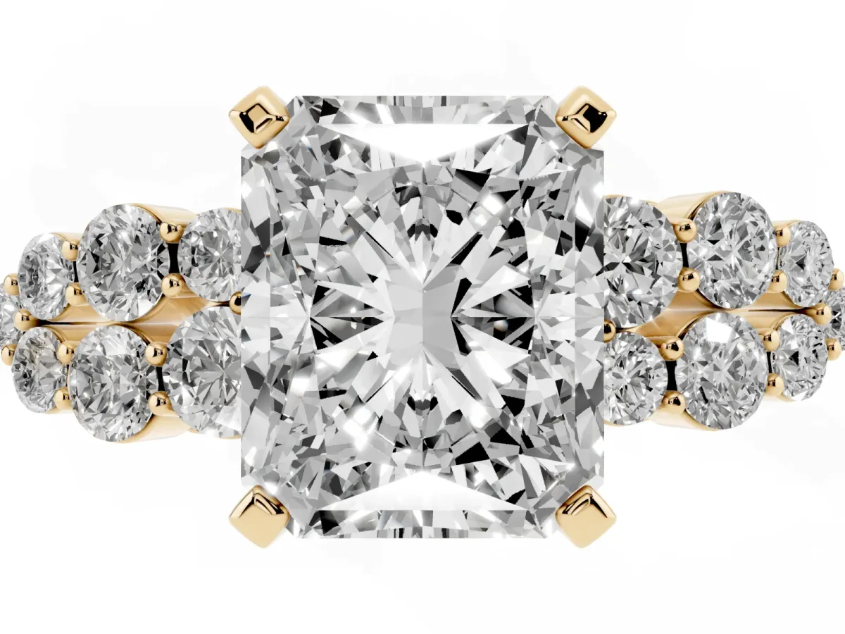 Radiant Cut Cluster Diamond Engagement Ring with Pavé Band and Four-Prong Setting Yellow gold