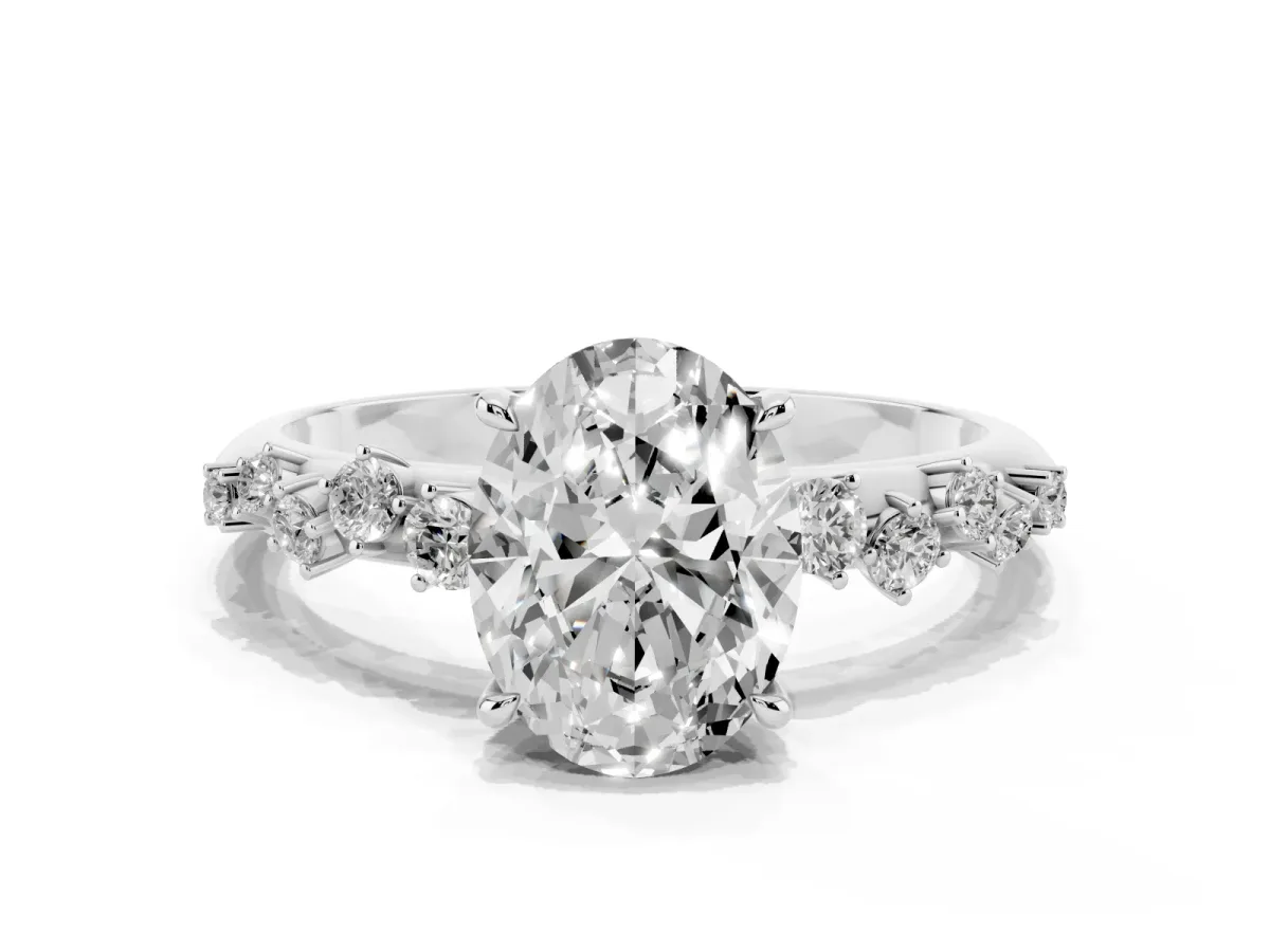 Oval Cut Diamond Cluster Side Stone Solitaire Ring with Prong Setting Silver