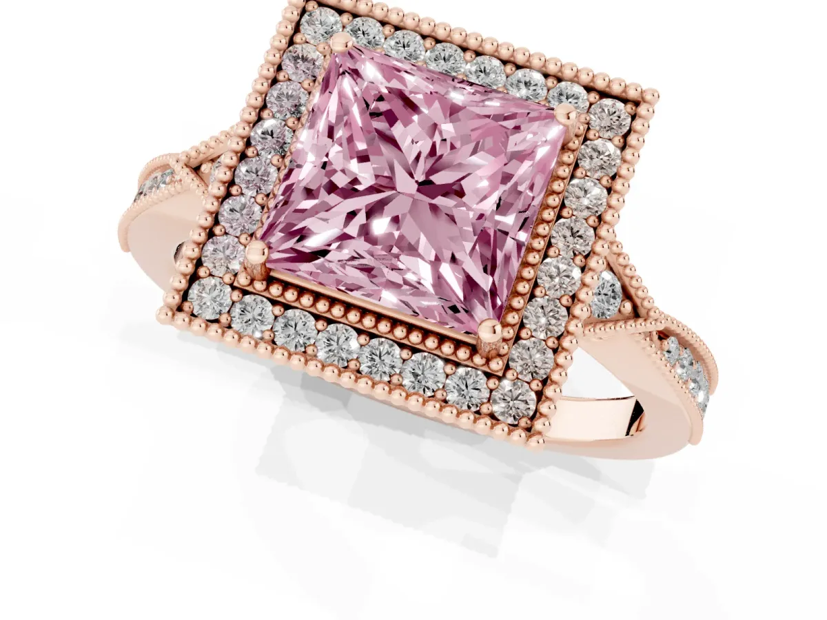 Fancy Pink Princess Cut Halo Round Diamond Milgrain Pave Engagement Ring Rose gold