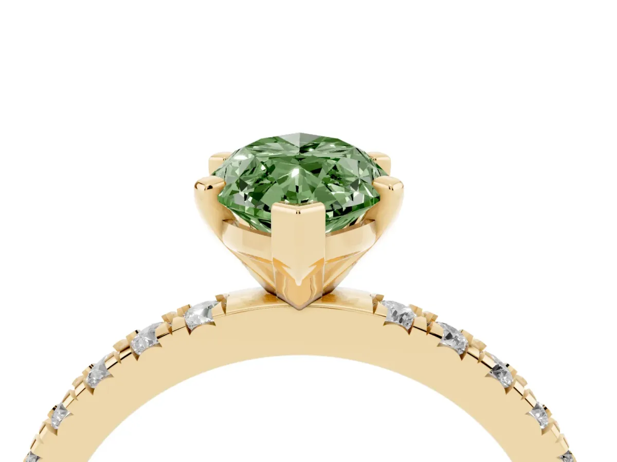 Fancy Green Marquise Cut Diamond Pavé Band Solitaire with Four-Prong Setting Yellow gold