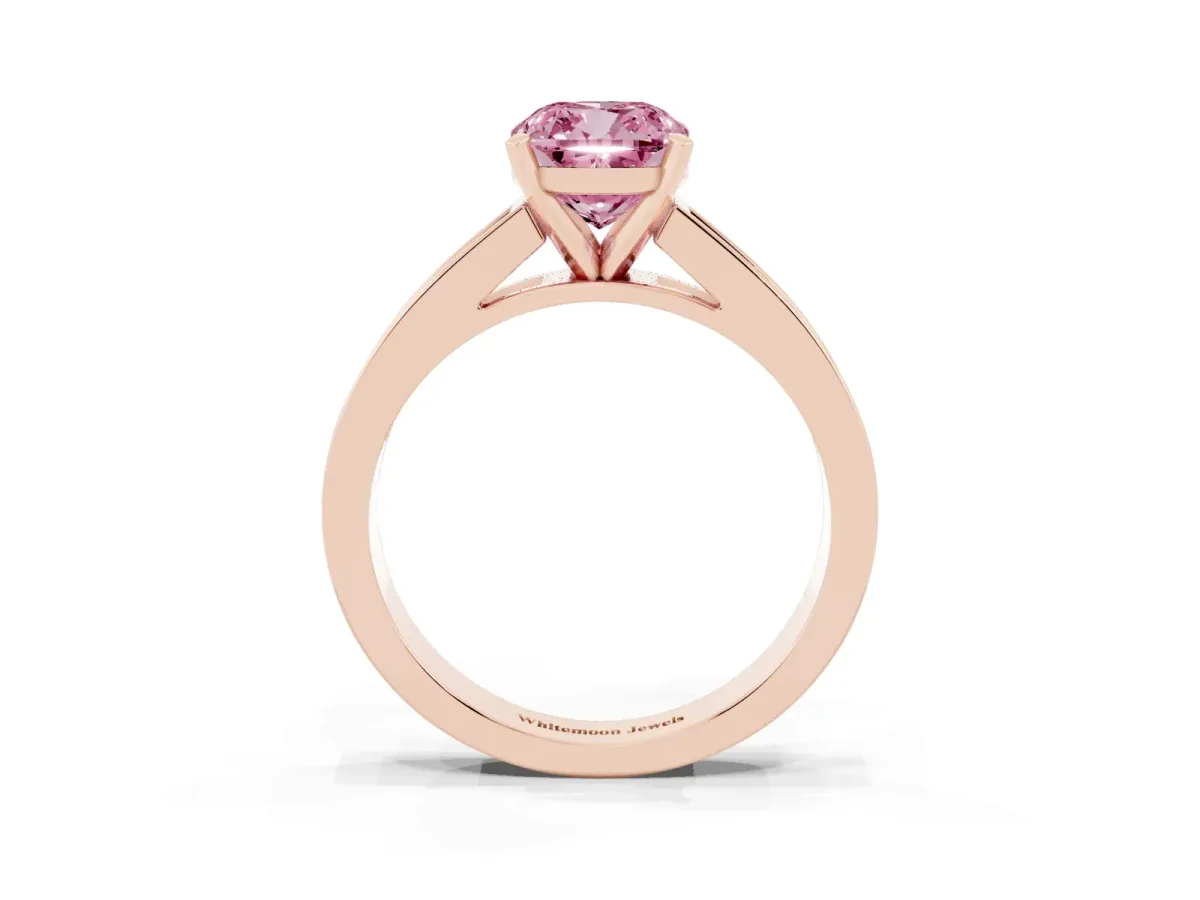 Fancy Pink Cushion Cut Solitaire Diamond Ring with Channel-Set Band and Four-Prong Setting Rose gold