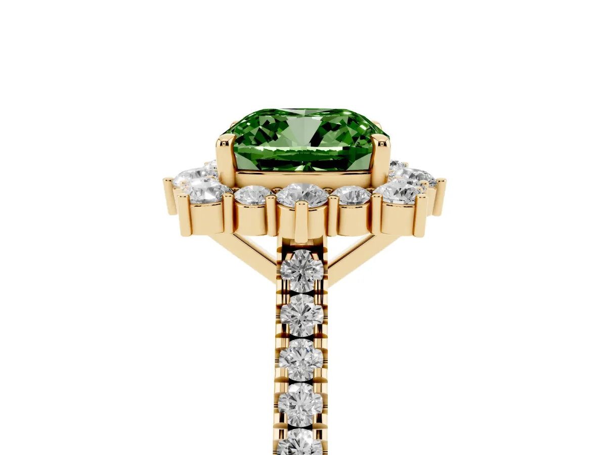 Fancy Green Cushion Cut Halo Diamond Ring with Pavé Band and Prong Setting Yellow gold