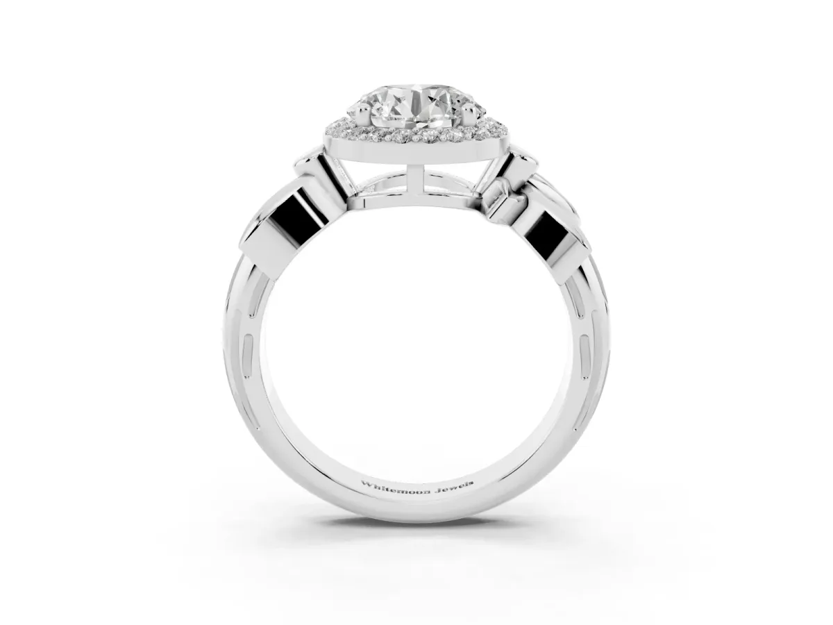 Round Cut Halo Diamond Floral Band with Four-Prong Setting Silver