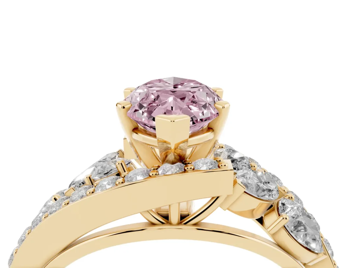 Fancy Pink Marquise Cut Diamond Halo Ring with Marquise and Pavé Band in Prong Setting Yellow gold