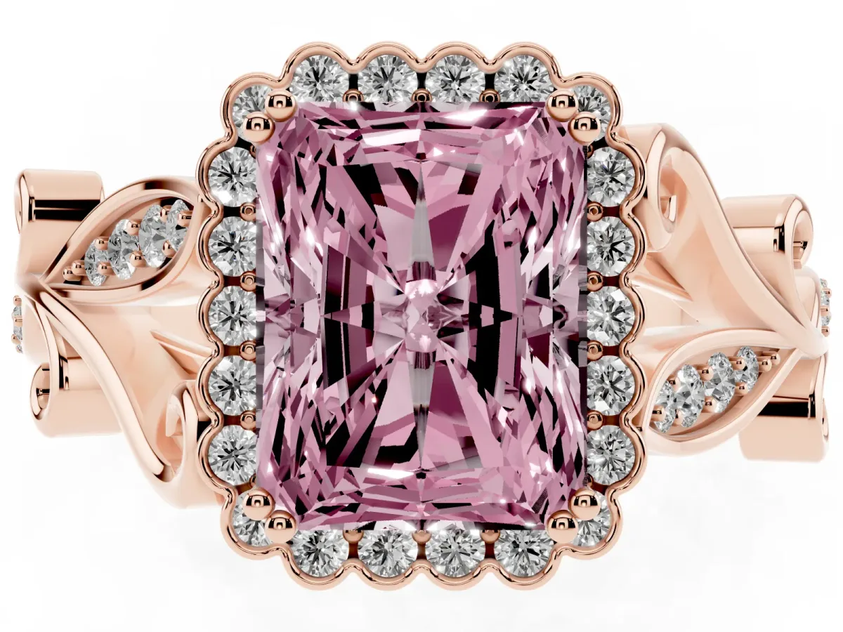 Fancy Pink Radiant Cut Diamond Halo Ring with Vintage Split Shank and Four-Prong Setting Rose gold