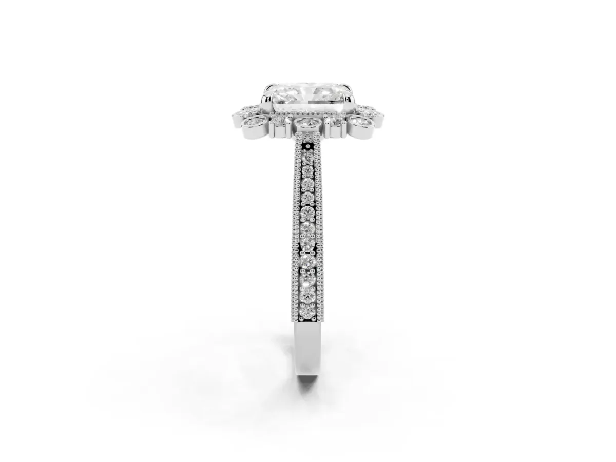 Radiant Cut Halo Milgrain Pave Diamond Ring with Four-Prong Setting Silver