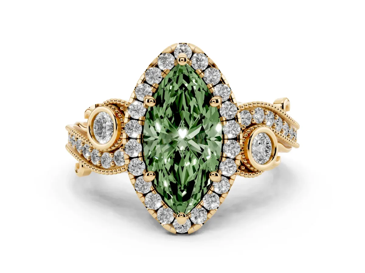 Fancy Green Marquise Cut Diamond Halo Ring with Milgrain Pavé Band and Four-Prong Setting Yellow gold
