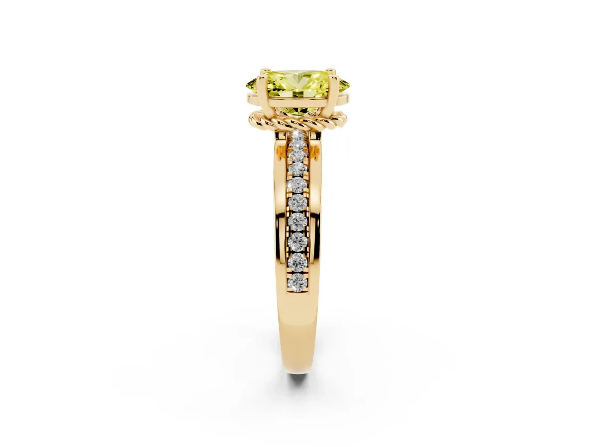 Fancy Yellow Oval Cut Solitaire Diamond Ring with Channel Set Band and Six-Prong Setting Yellow gold