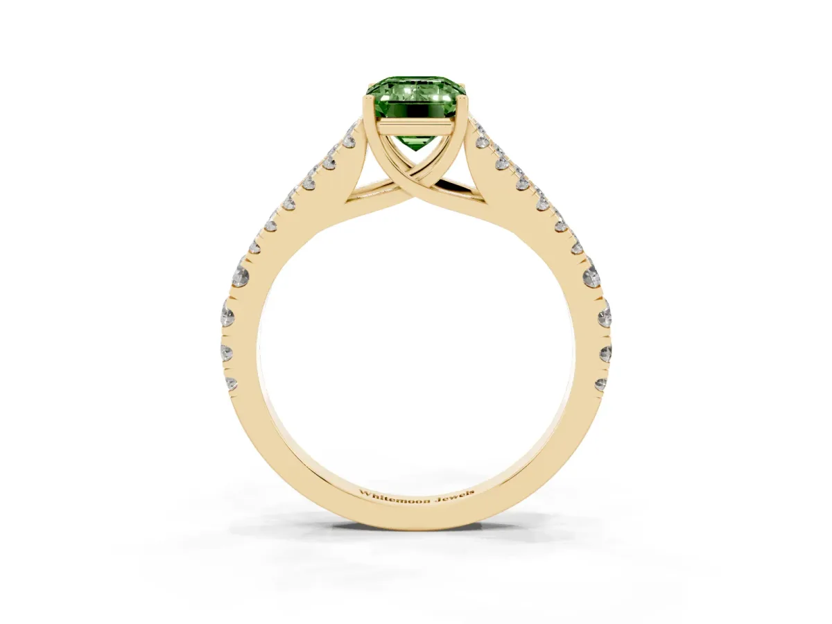 Fancy Green Emerald Cut Diamond Split Shank Pavé Engagement Ring with Four-Prong Setting Yellow gold