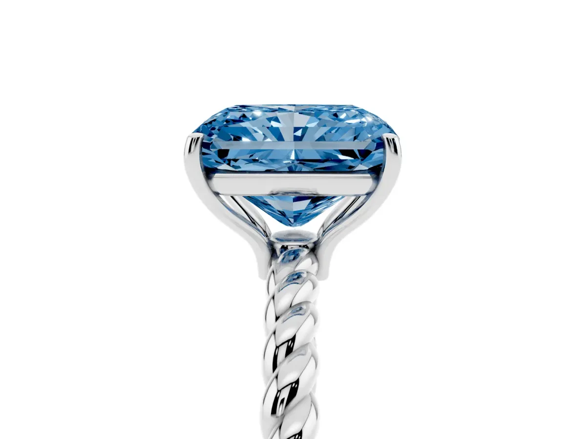 Fancy Blue Radiant Cut Solitaire Twist Band Ring with Four-Prong Setting Silver