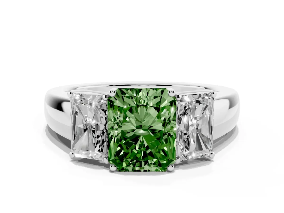Fancy Green Three-Stone Radiant Cut Cut Diamond Ring with Prong Setting and Classic Band Silver