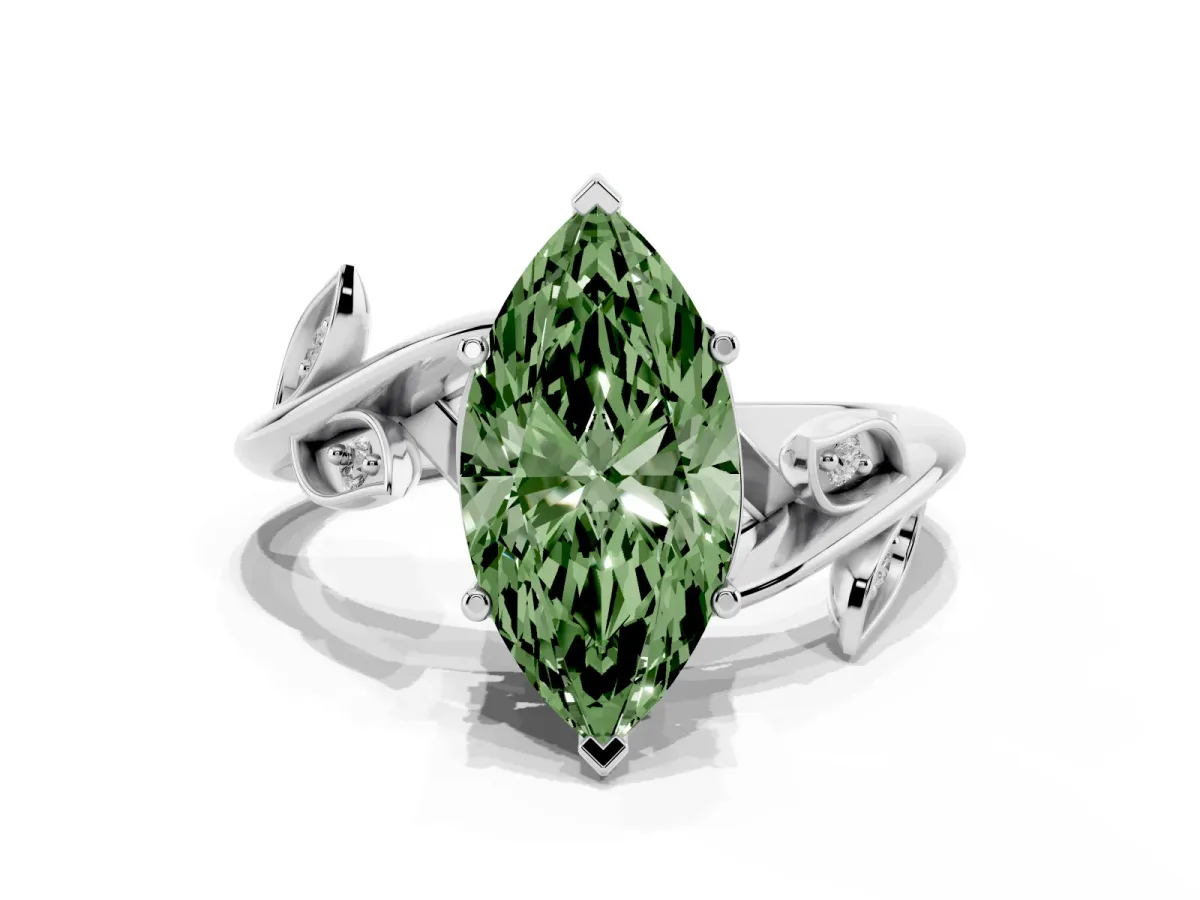 Fancy Green Marquise Cut Solitaire Twist Engagement Ring with Leaf Accents and Prong Setting Platinum