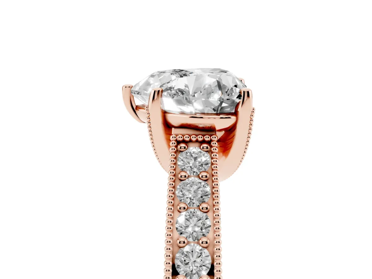 Heart Cut Cut Diamond Solitaire Ring with Milgrain Pave Band and Four Prong Setting Rose gold