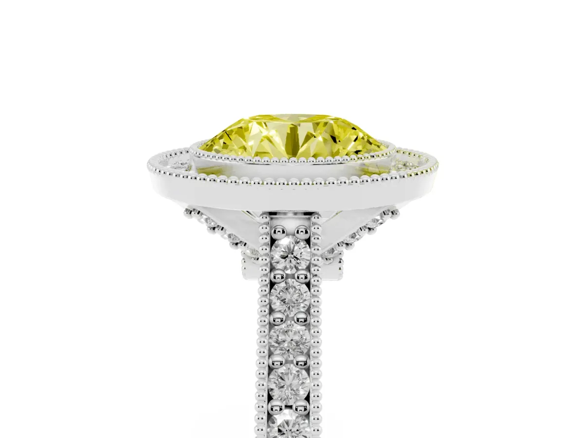 Fancy Yellow Halo Round Cut-Cut Diamond Pave Band Milgrain Prong Setting Ring Silver