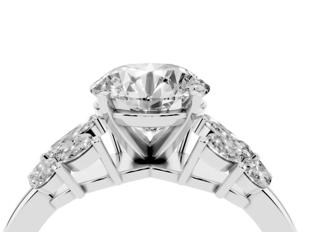 Round Cut Diamond Cluster Leaf Design Ring with Prong Setting Silver