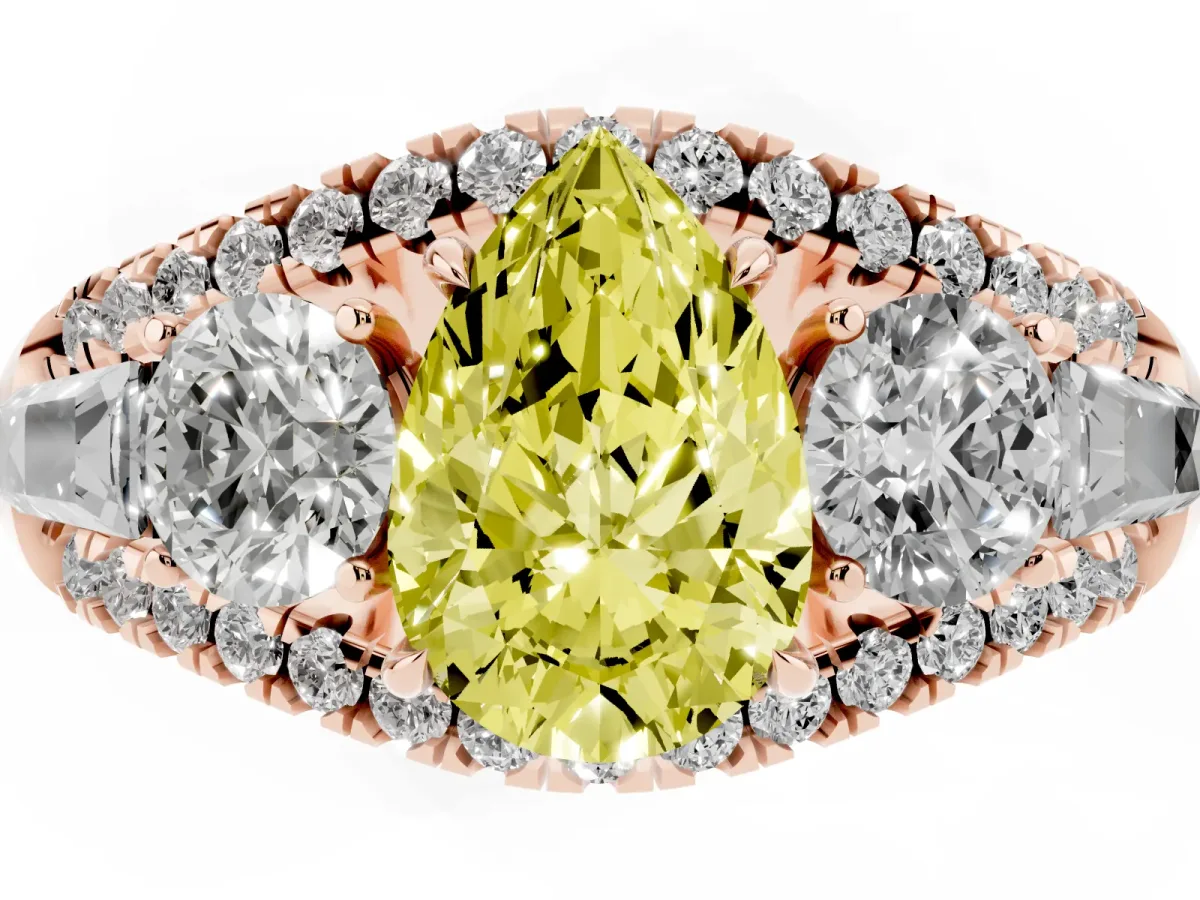 Fancy Yellow Three-Stone Pear Cut Diamond Engagement Ring with Pave Band and Prong Setting Rose gold