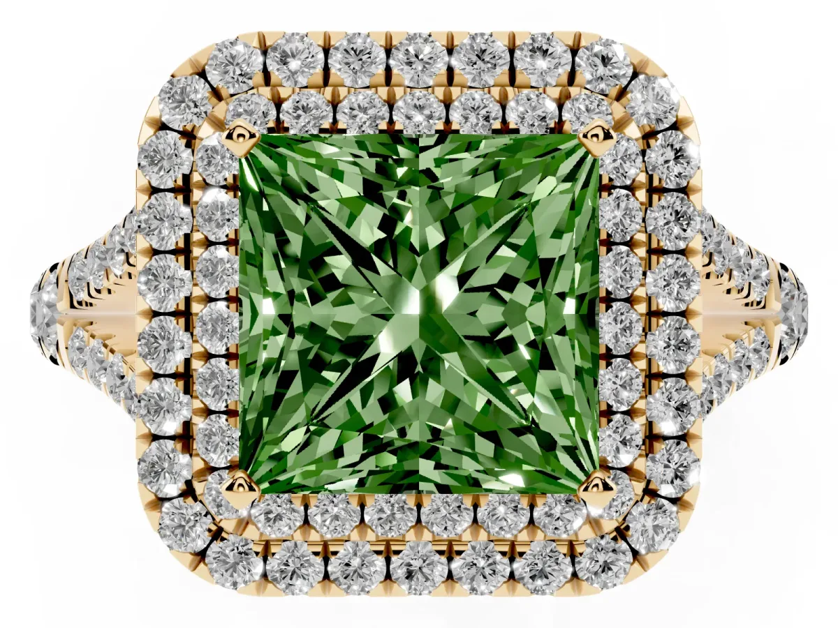 Fancy Green Princess Cut Diamond Pavé Split Shank Double Halo Engagement Ring Yellow gold