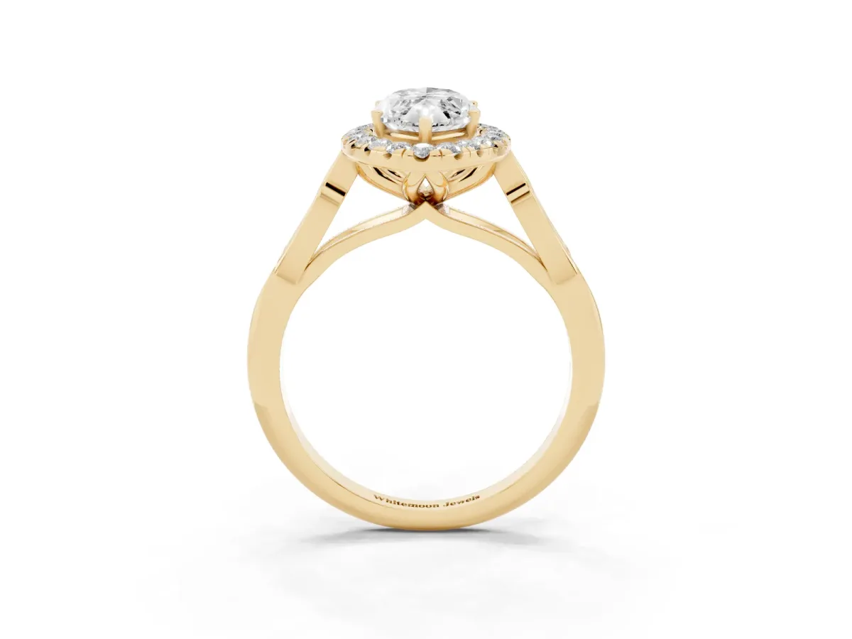 Marquise Cut Halo Diamond Engagement Ring with Filigree Band and Four-Prong Setting Yellow gold