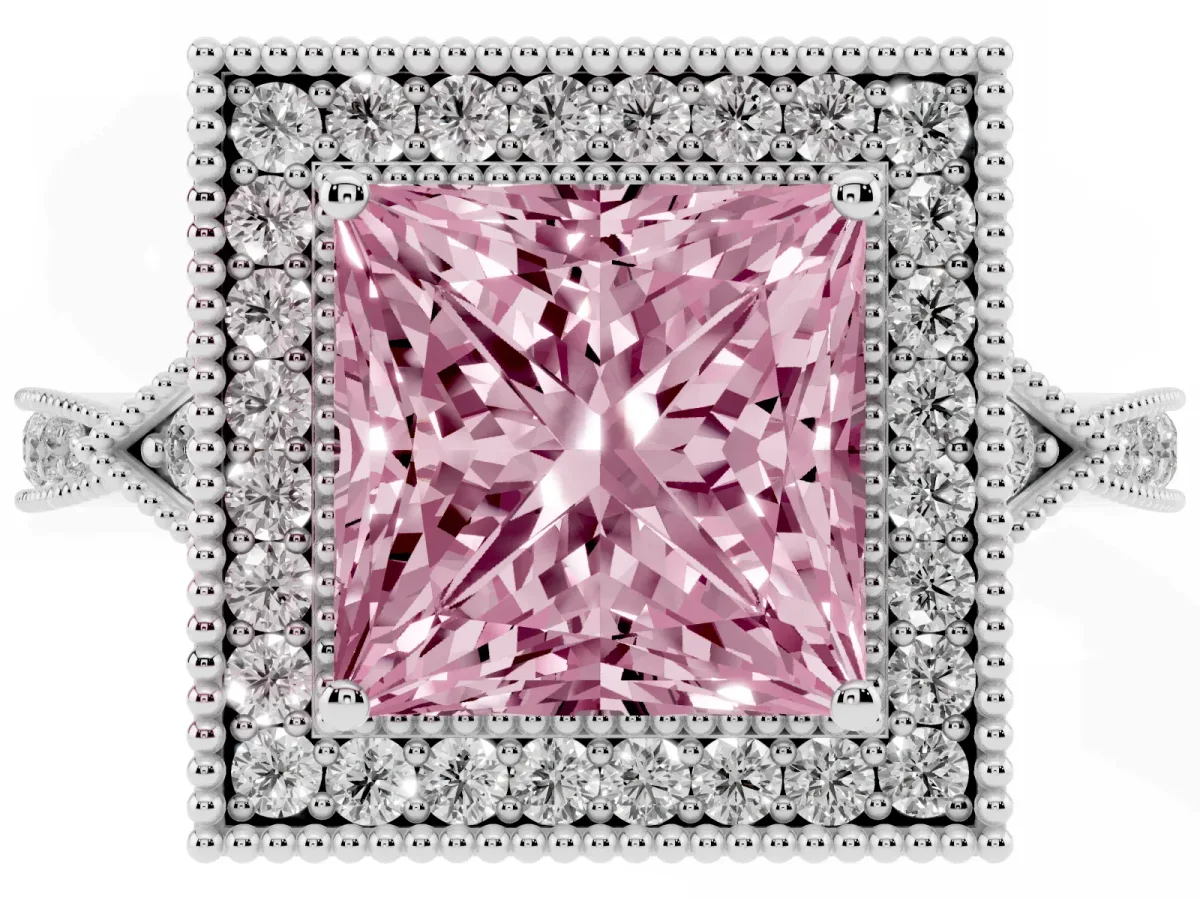 Fancy Pink Princess Cut Halo Round Diamond Milgrain Pave Engagement Ring White gold