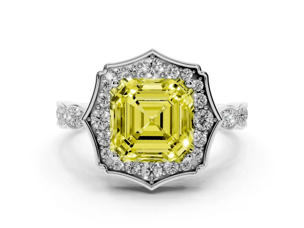 Fancy Yellow Asscher Cut Halo Diamond Engagement Ring with Milgrain Band and Four-Prong Setting White gold