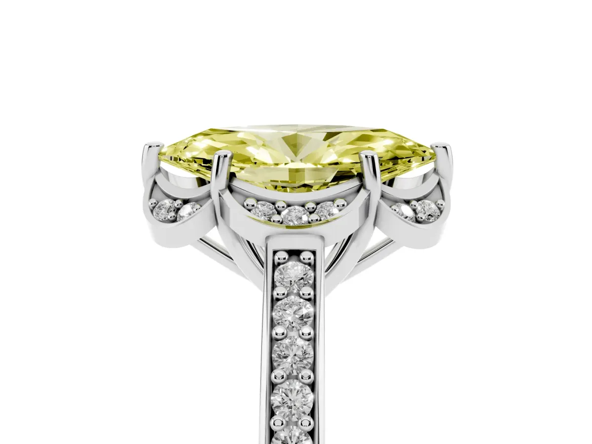 Fancy Yellow Marquise Cut Cut Halo Diamond Ring with Channel Set Band and Four-Prong Setting Platinum
