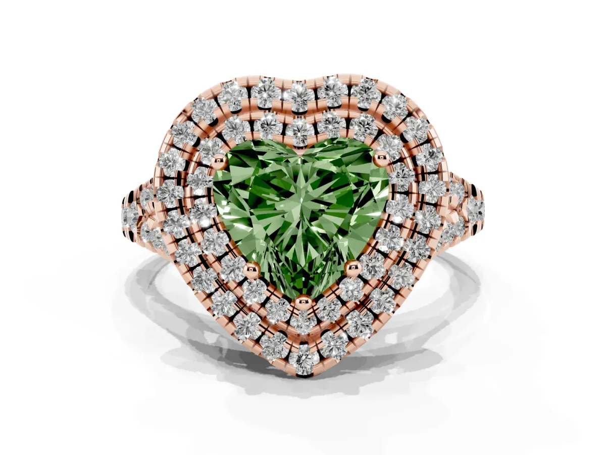 Fancy Green Double Halo Heart Cut Diamond Pavé Split Shank Ring with Prong Setting Rose gold