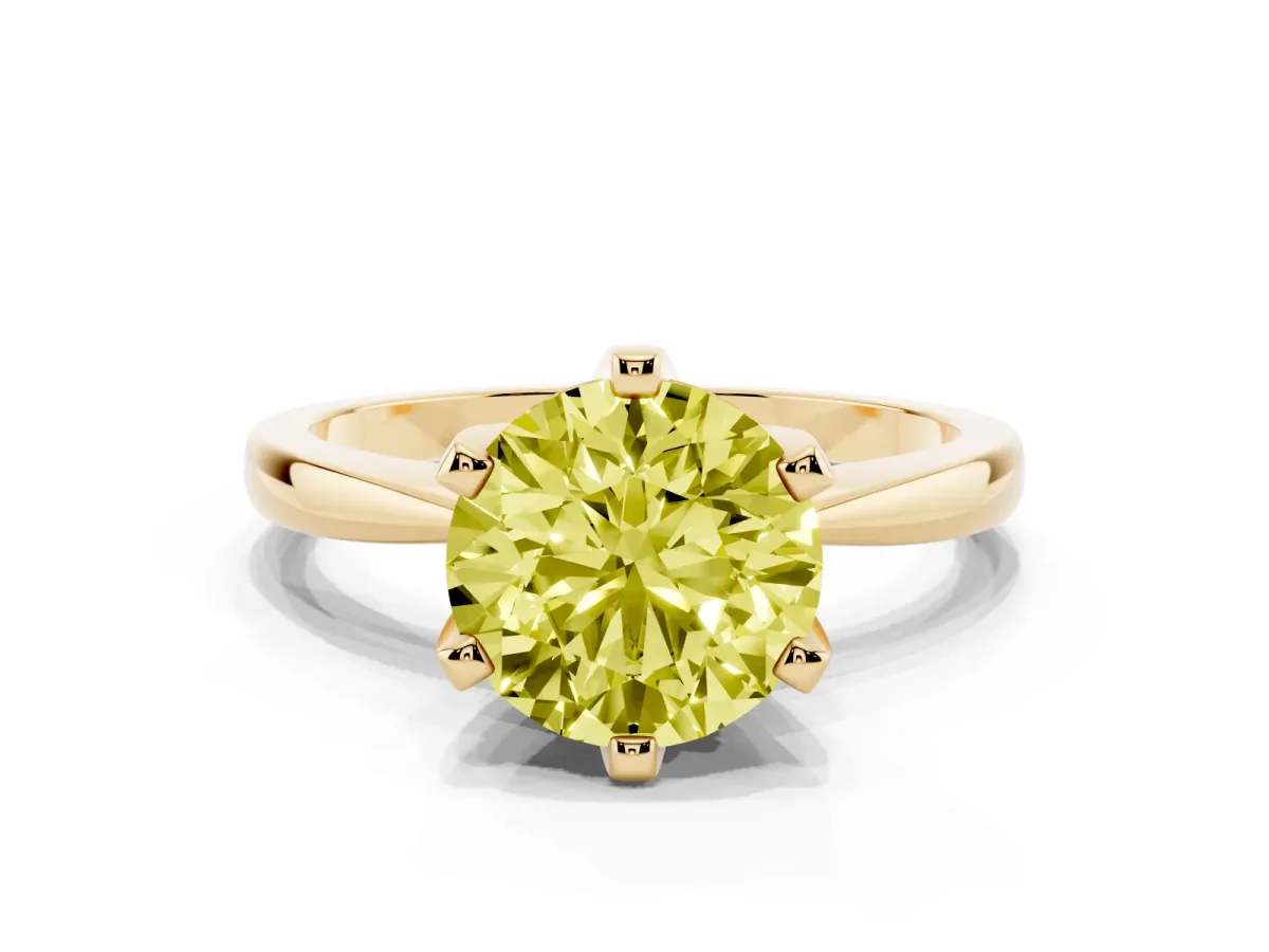 Fancy Yellow Round Cut Solitaire Engagement Ring with Six-Prong Setting and Tapered Band Yellow gold