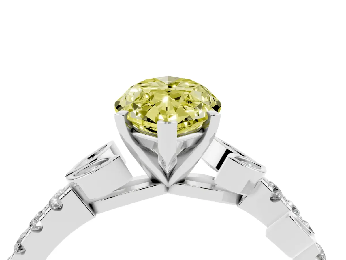 Fancy Yellow Marquise Cut Solitaire Leaf-Inspired Diamond Ring with Pavé Band and Four-Prong Setting Silver