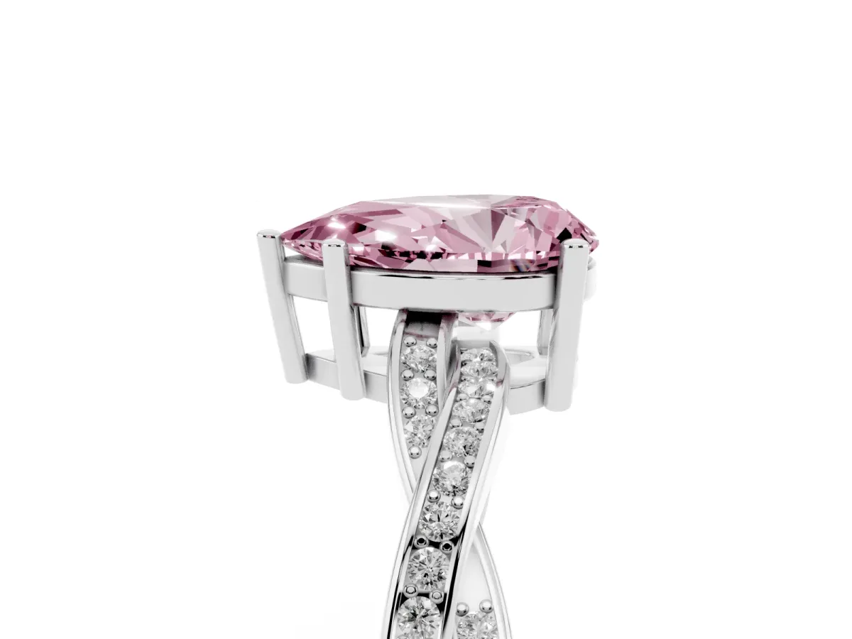 Fancy Pink Pear Cut Solitaire Twisted Pave Diamond Ring with Four-Prong Setting Silver