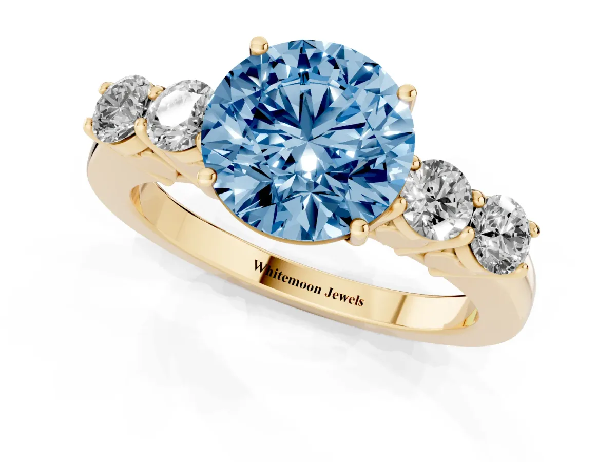 Fancy Blue Round Cut Cut Diamond Five-Stone Prong Set White Gold Ring Yellow gold