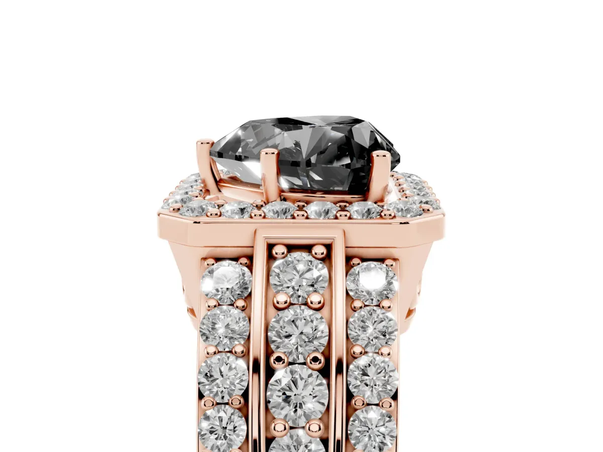 Fancy Black Heart Cut Halo Diamond Ring with Round Split Shank and Prong Setting Rose gold