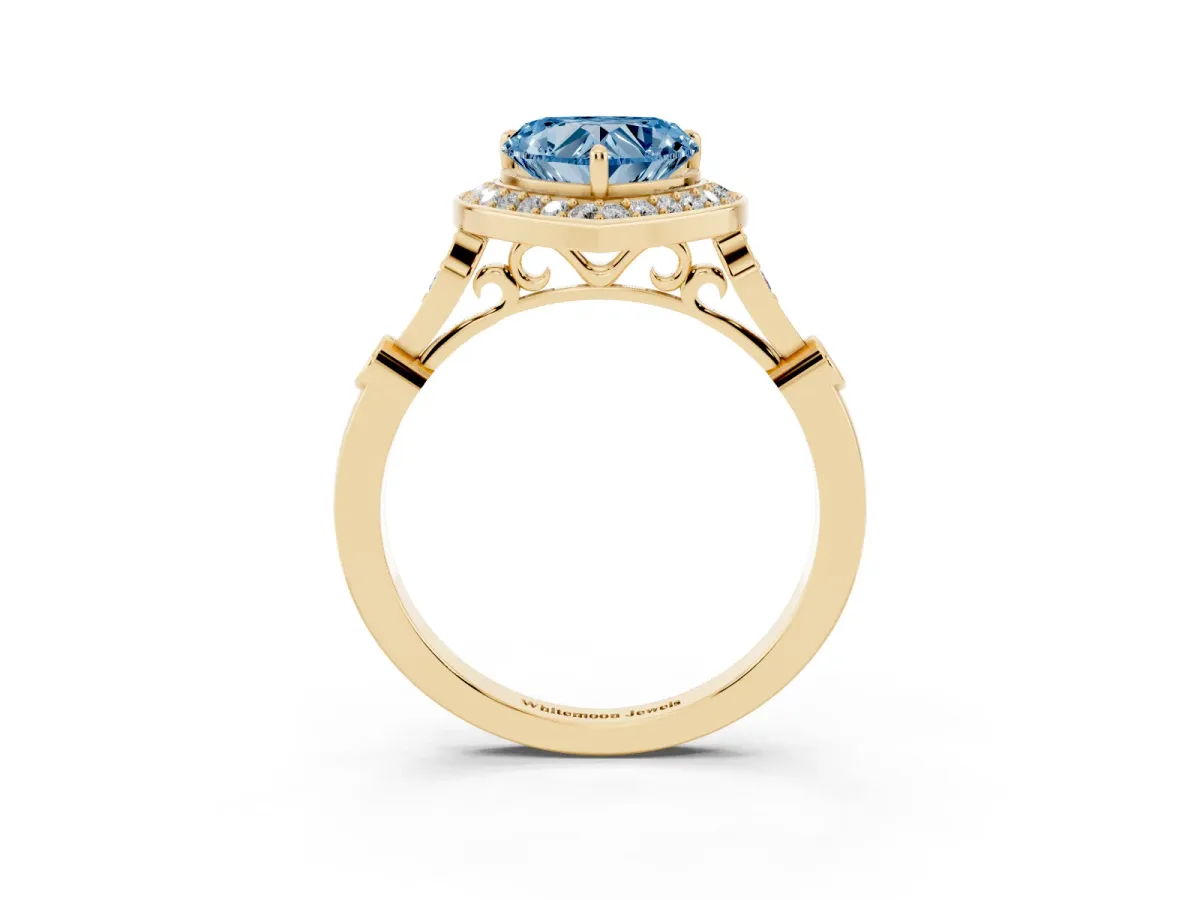 Fancy Blue Heart Cut Halo Diamond Engagement Ring with Twisted Band and Four-Prong Setting Yellow gold